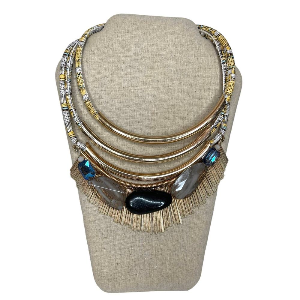Vintage Multi Strand Gold Fringe and Beaded Statement Necklace